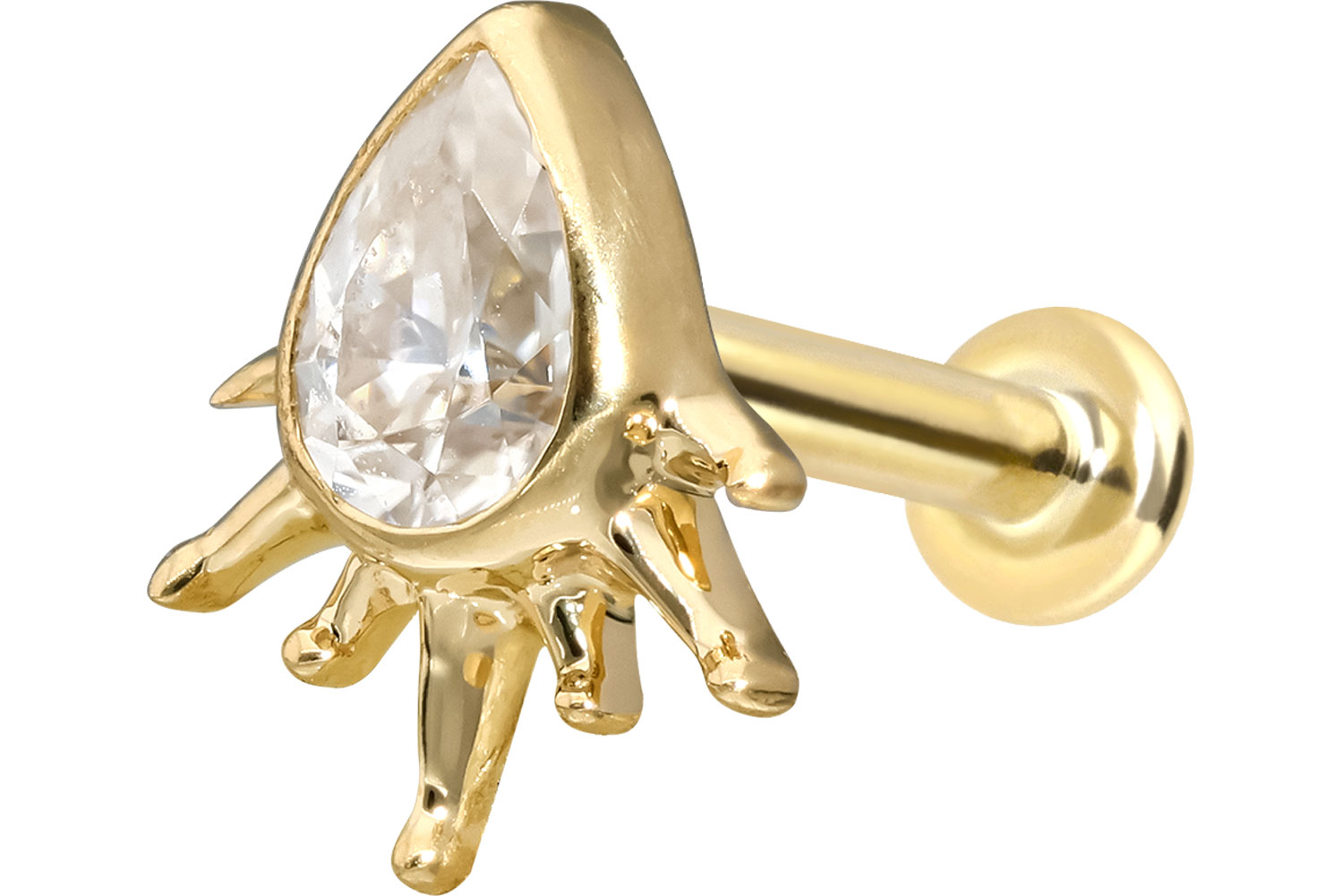 14 Karat Gold Labret Piercing mit Push Fit MOISSANIT-TROPFEN + SONNENSTRAHLEN